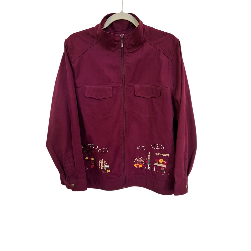 Breckenridge Woman Burgundy Farmers Market Embroidered Zip Up Jacket 1X Novelty